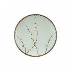 Assiette japonaise verte motif fleurs de cerisier vue de dessus diamètre 19,5 cm