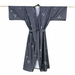 Yukata homme KAMON en coton, motif de blasons japonais noir sur fond blanc