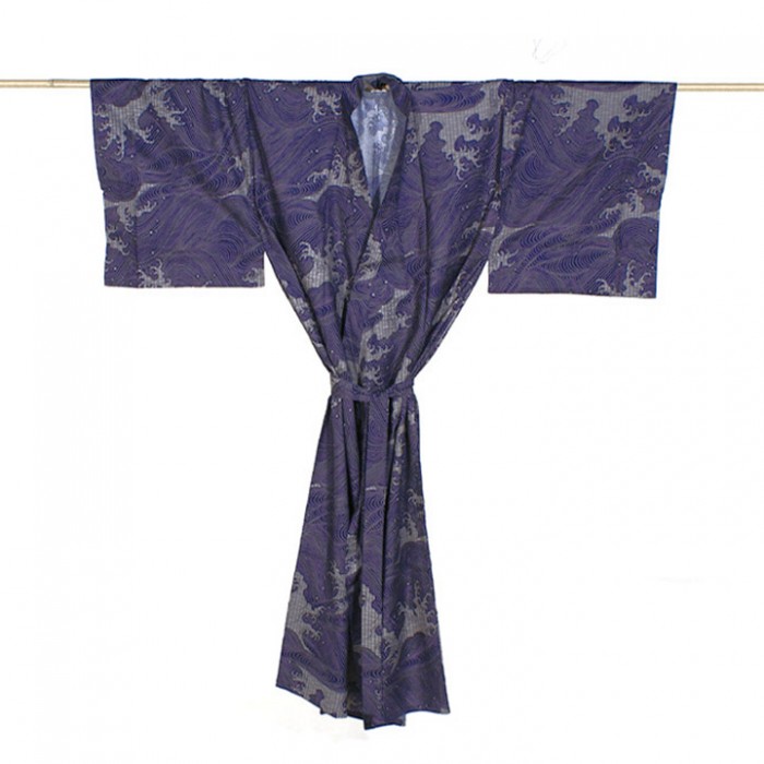 Yukata homme HOKUSAI bleu en coton, motif de vagues japonaises