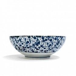 Profil du saladier japonais à fleurs bleues et son pied souligné de bleu