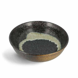 Bol en grès avec décor émaillé beige et vert, sur fond beige fond