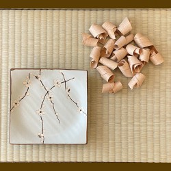 Assiette japonaise carrée Sakura sur table élégante