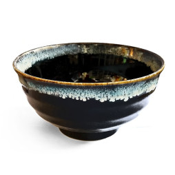 Bol donburi japonais Migawa en grès noir, bord crème moucheté de bleu
