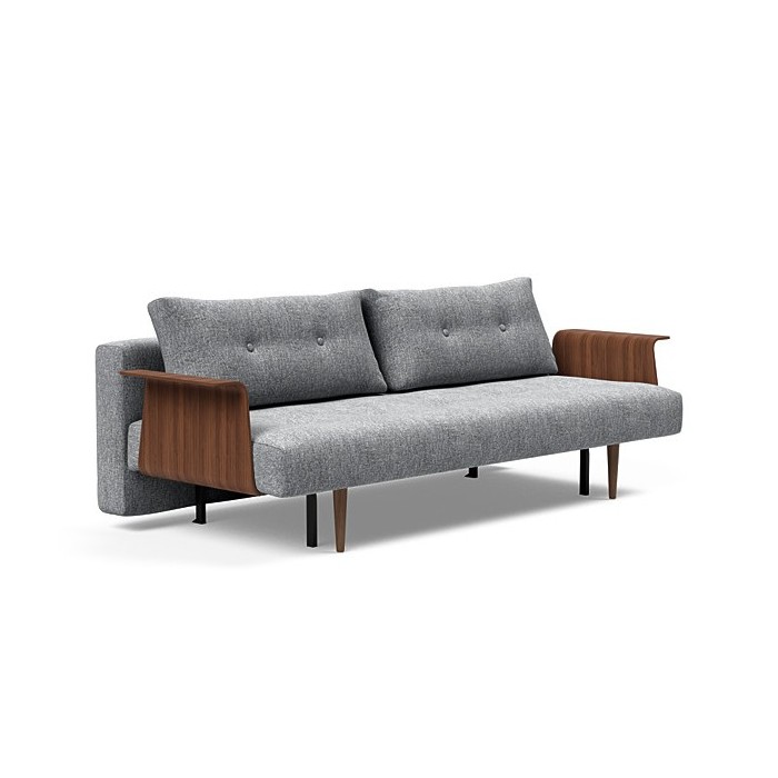 RECAST, canapé-lit compact et fonctionnel avec accoudoirs en bois.