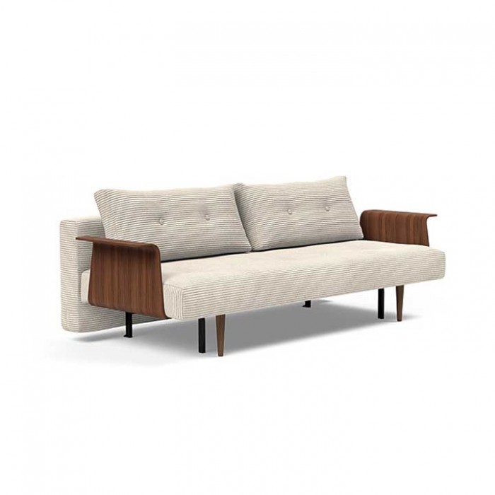 RECAST, canapé-lit compact et fonctionnel avec accoudoirs en bois.