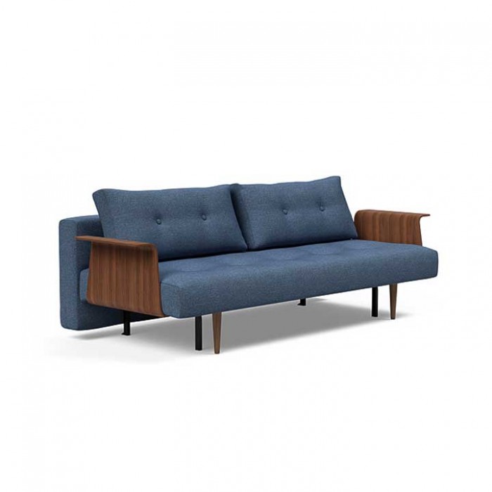 RECAST, canapé-lit compact et fonctionnel avec accoudoirs en bois.