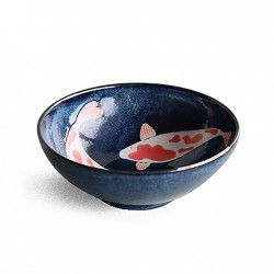 Bol ramen japonais KOÏ bleu indigo, carpes rouges et blanches à l’intérieur, vue de trois quarts