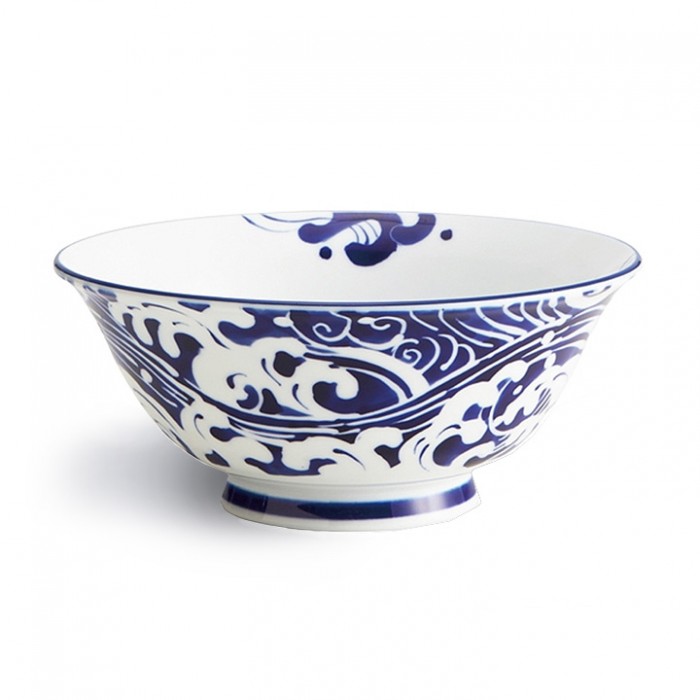 Bol ramen japonais blanc motif vagues bleues pour nouilles et soupe