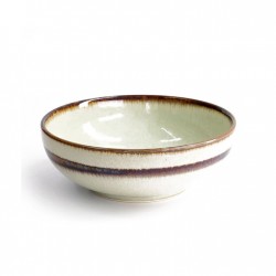 Bol japonais WASABI en grès beige, large et peu profond, décor d’anneau brun et bleuté