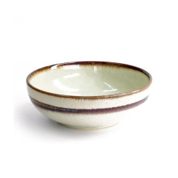 Bol japonais WASABI en grès beige, large et peu profond, décor d’anneau brun et bleuté