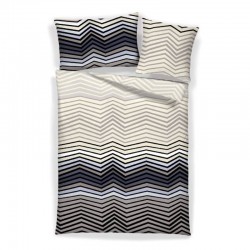 Housse de couette satin coton BANTU et taies d’oreiller, motif zigzag beige, gris et bleu nuit