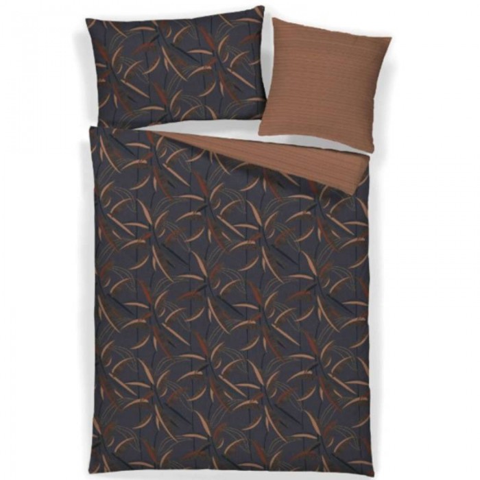 Housse de couette satin coton WILLOW et taies d’oreiller, feuillage cuivre sur fond anthracite, envers rayé terracotta
