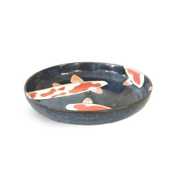 Grande coupe KOÏ  carpe du Japon, en porcelaine émaillée bleu cobalt