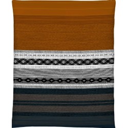 Housse de couette ABISKO dépliée, larges bandes rouille, frises graphiques noir et blanc, bas anthracite