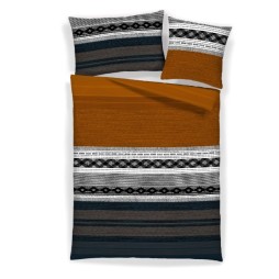 Housse de couette satin coton ABISKO et taies d’oreiller, bandes rouille, grises et anthracite