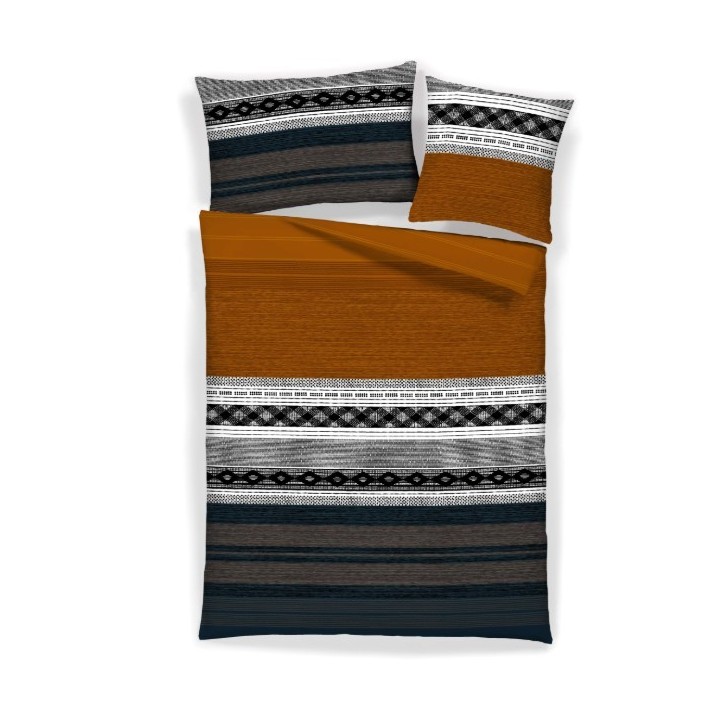 Housse de couette satin coton ABISKO et taies d’oreiller, bandes rouille, grises et anthracite