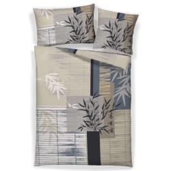 Housse de couette satin coton NOSTRAI et taies d’oreiller, feuilles de bambou sur patchwork taupe, beige et gris-bleu