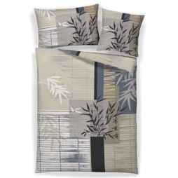 Housse de couette satin coton NOSTRAI et taies d’oreiller, feuilles de bambou sur patchwork taupe, beige et gris-bleu