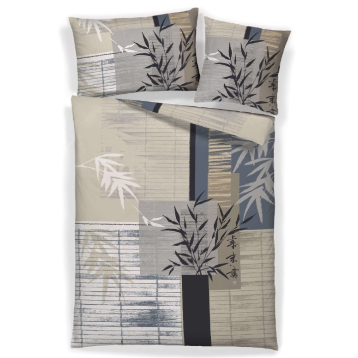 Housse de couette satin coton NOSTRAI et taies d’oreiller, feuilles de bambou sur patchwork taupe, beige et gris-bleu