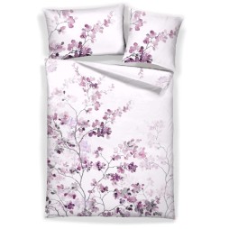 Housse de couette satin coton SAKURA et taies d’oreiller, branches de cerisier en fleurs mauves sur fond blanc