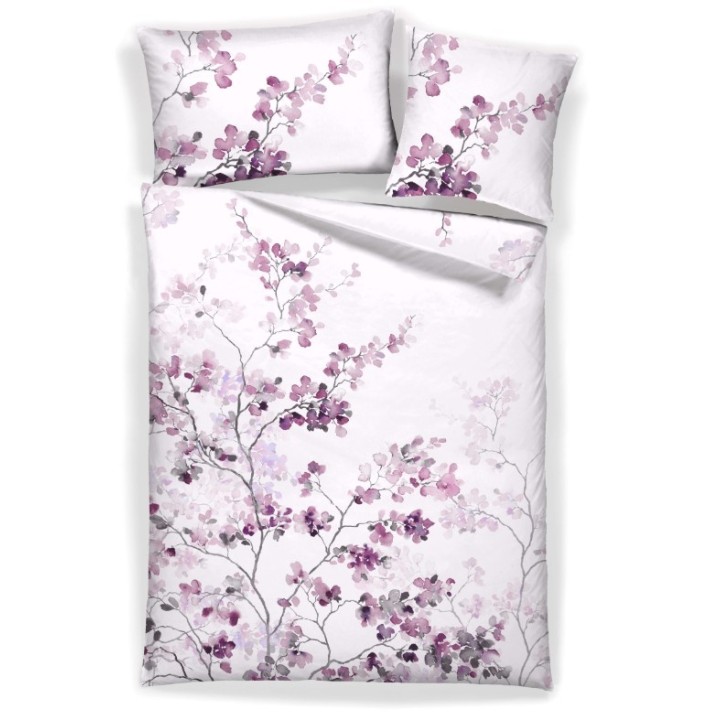 Housse de couette satin coton SAKURA et taies d’oreiller, branches de cerisier en fleurs mauves sur fond blanc
