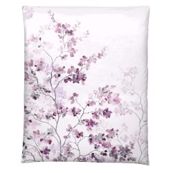 Housse de couette SAKURA dépliée, branches fleuries mauves et violettes