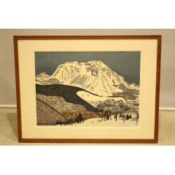Estampe japonaise Montagne enneigée Kitaoka | Gravure sur bois 1975
