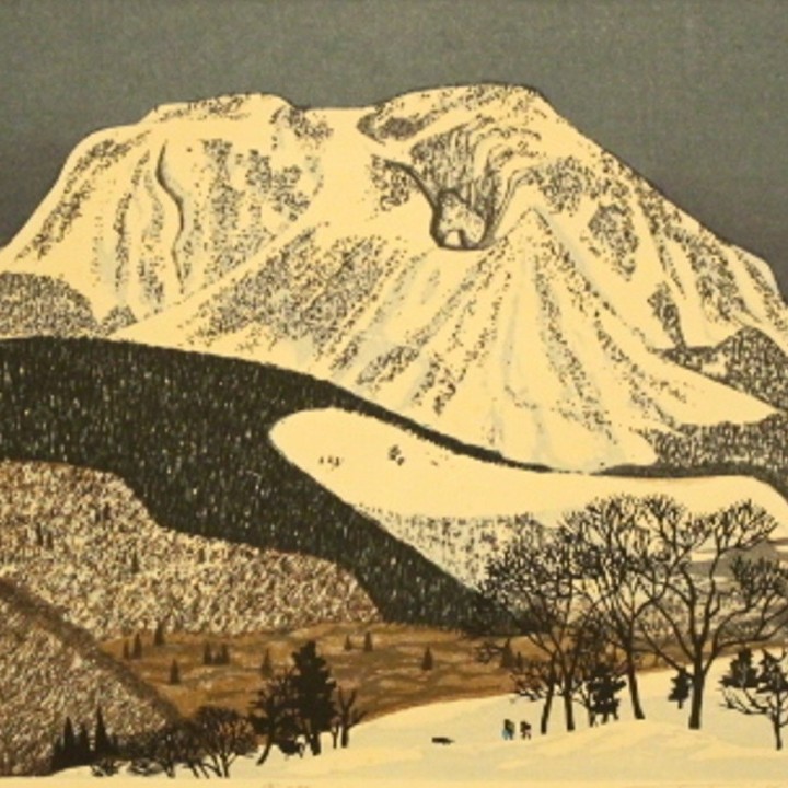 Estampe japonaise Montagne enneigée Kitaoka | Gravure sur bois 1975