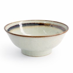 Bol ramen japonais WASABI en grès beige, bord brun, vue de trois quarts