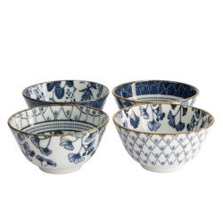 Set de 4 bols tayo FLORIKA en porcelaine bleu et blanc présentés ensemble