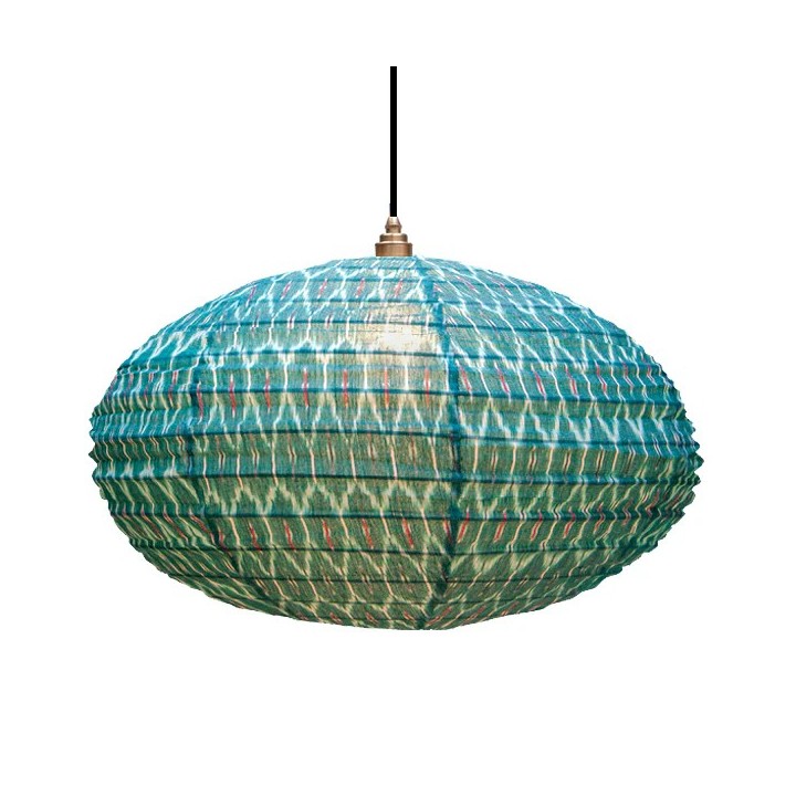 Suspension Ikat Pallu en tissu ovale motif ikat vert et bleu