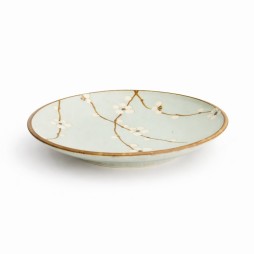 Assiette japonaise en céramique verte motif fleurs de cerisier diamètre 19,5 cm