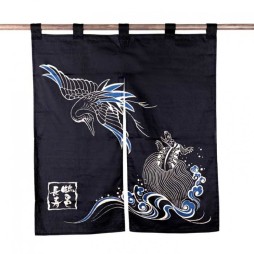 Noren japonais en coton Tsurukame avec grue et tortue, symbole de longévité, fabriqué au Japon