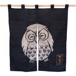 Noren japonais en coton avec hiboux fukurō, symbole de protection et chance