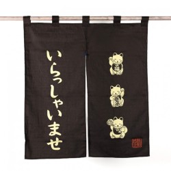 Noren japonais en coton avec trois chats maneki-neko et inscription bienvenue