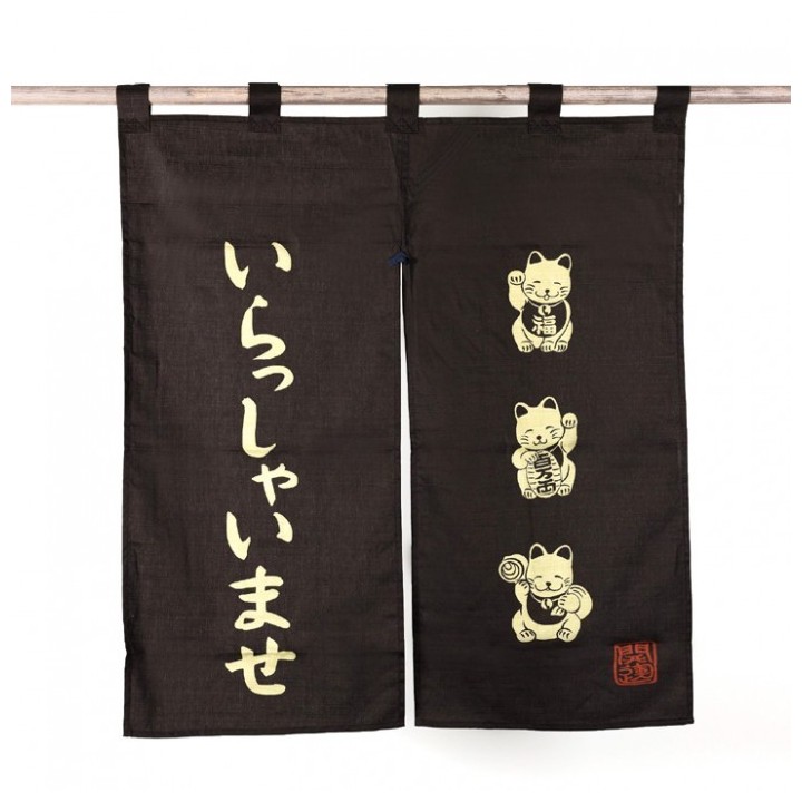 Noren japonais en coton avec trois chats maneki-neko et inscription bienvenue