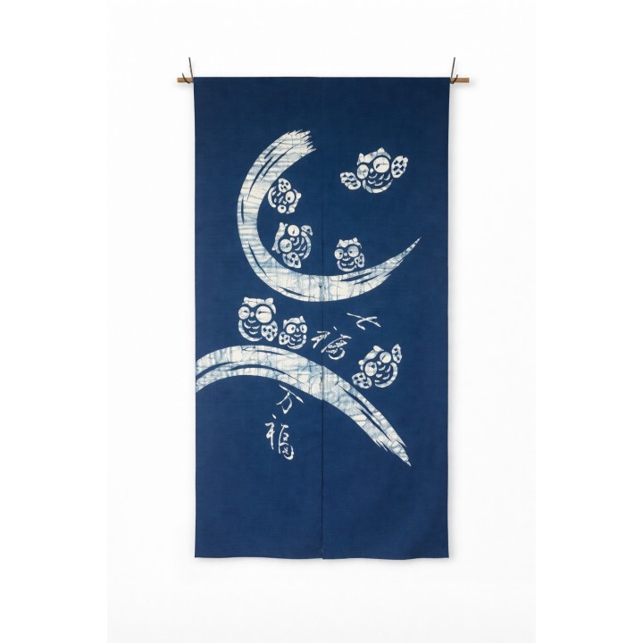 Noren japonais en coton batik avec sept hiboux porte-bonheur