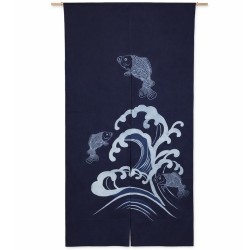noren japonais indigo motif carpes koi et vagues