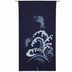 noren japonais indigo motif carpes koi et vagues