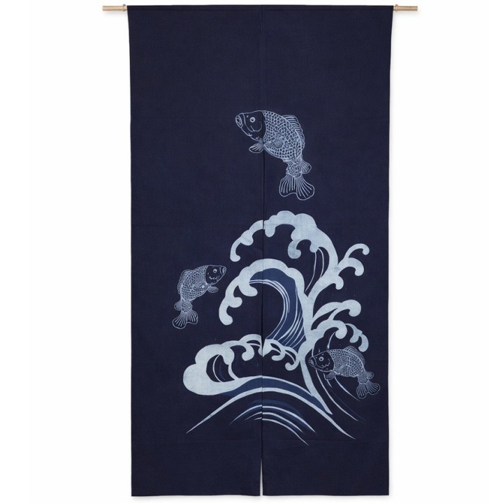 noren japonais indigo motif carpes koi et vagues
