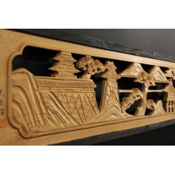 ranma japonais bois sculpté détail relief paysage omi