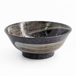 Bol ramen japonais en céramique artisanale Harahake avec finition noire et motif pinceau blanc