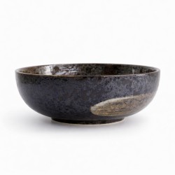 Bol japonais Arahake Tayo Ø19,7cm 1,2L noir avec motif pinceau blanc vue de profil