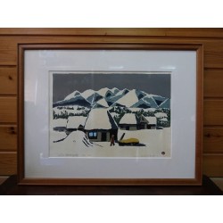 Estampe japonaise Village sous la neige Azechi | Gravure sur bois originale