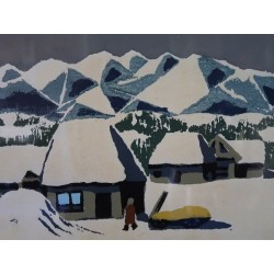 Estampe japonaise Village sous la neige Azechi | Gravure sur bois originale