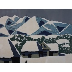 Estampe japonaise Village sous la neige Azechi | Gravure sur bois originale