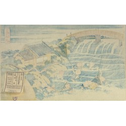 Verso de l'estampe japonaise Pêche au filet avec étiquette d'édition du Musée National