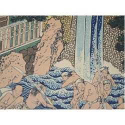 Détail des falaises et de la cascade dans l'estampe japonaise