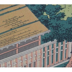 Détail du pavillon japonais au pied de la cascade de Roben par Hokusai