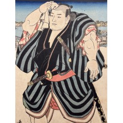 Détail de l'estampe japonaise originale d'Utagawa Kunisada représentant le lutteur de sumo Kashiwado Sōgorō, époque Edo.